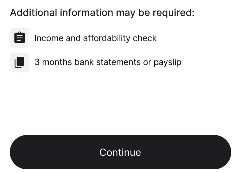 Mobile Extend application showing income and affordability information and supporting documents