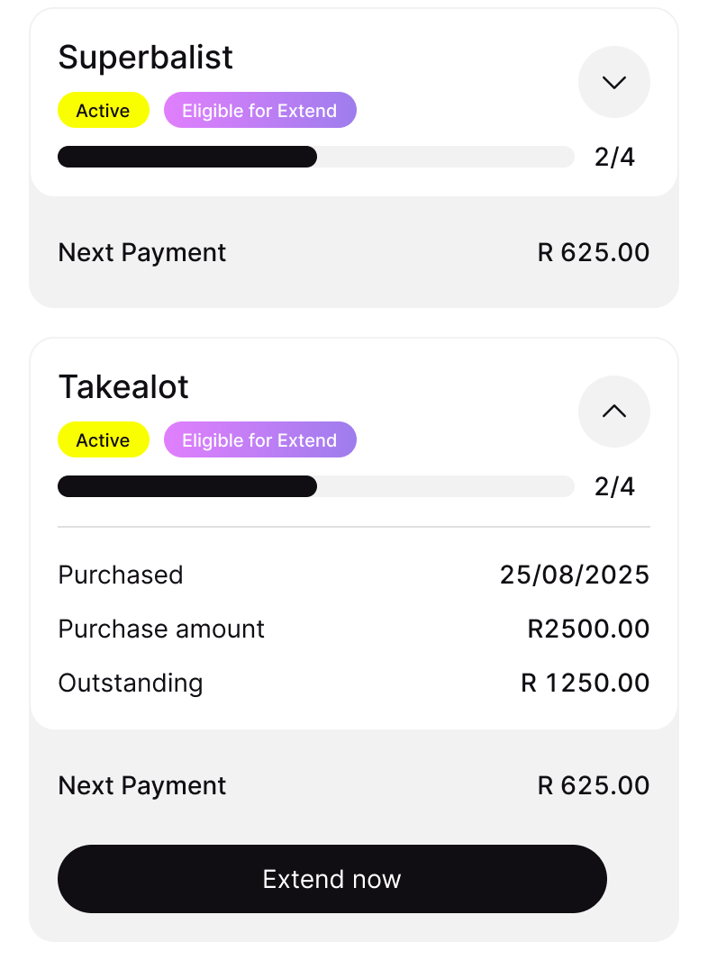 Mobile Borrow page showing an eligible Split plan and the Extend now button