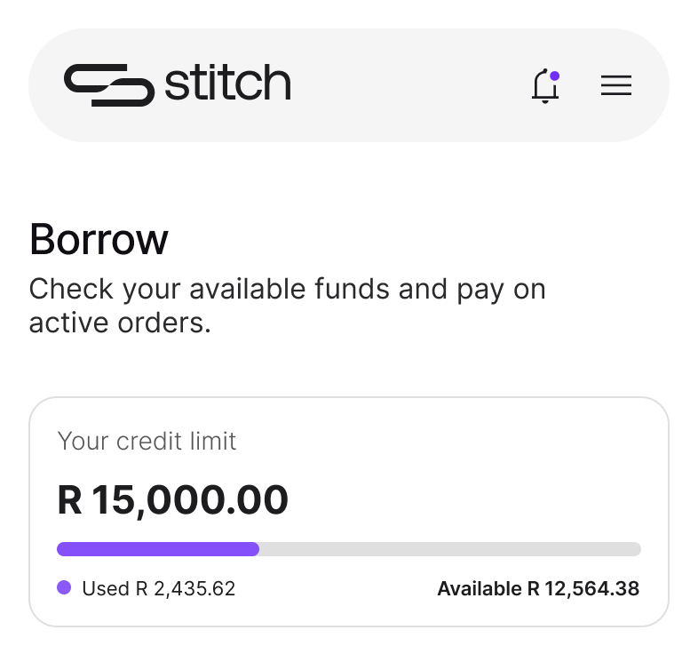 Mobile Borrow page showing the credit limit and available spend