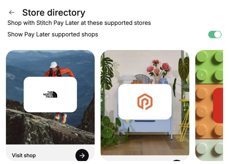 Stitch store directory with Show Pay Later supported shops switched on